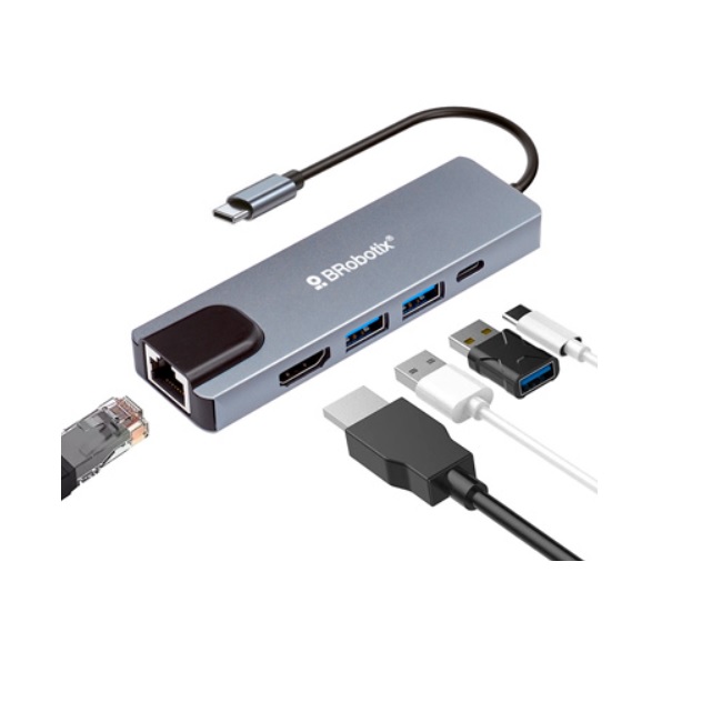 Docking Brobotix 5 en 1 conector tipo C a HDMI  USB V3.0x 3 y USB tipo C color Plata
