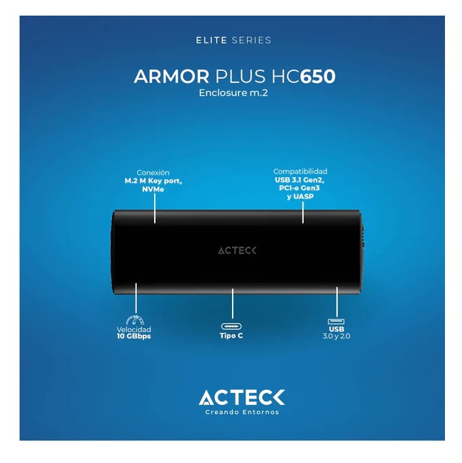 Enclosure Acteck SSD Armor Plus HC650  M.2 NVME USB C Gen 2 10 Gbps compatible con 2280/2260/2242/2230 Aluminio Elite Series Negro
