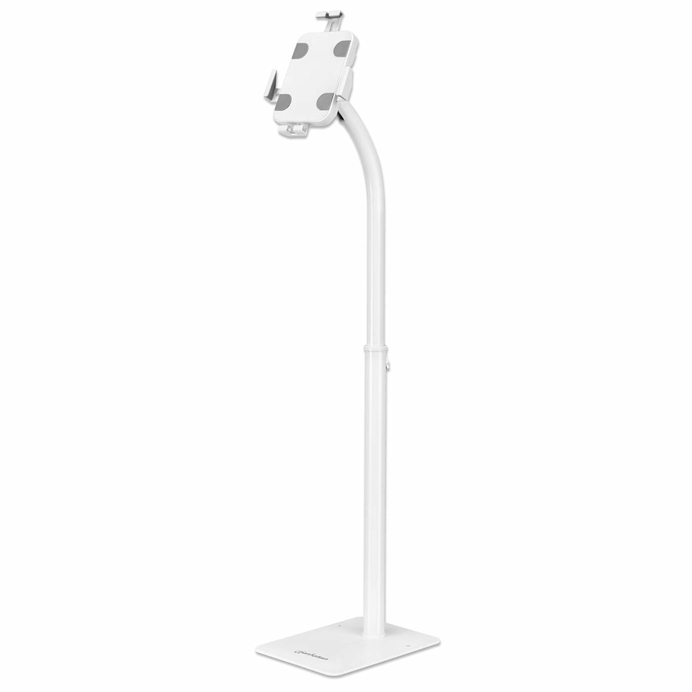 Soporte Manhattan para Tablet o iPad antirrobo altura ajustable y bloqueable para piso 7.9 a 11 pulg rotacion 360 blanco