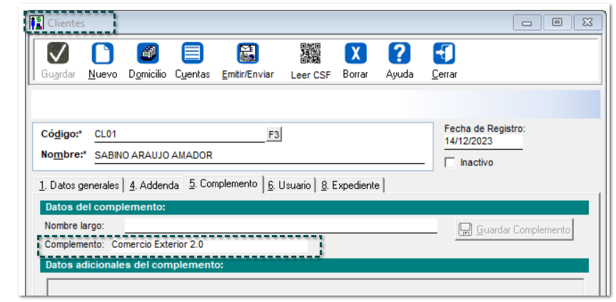 Configuracion del cliente con Complemento Comercio Exterior 2.0