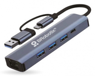 Docking Brobotix 5 en 2 con conector dual  USB A y tipo C A USB V3.0x3 USB tipo C Y RJ45 Gigabit color Plateado