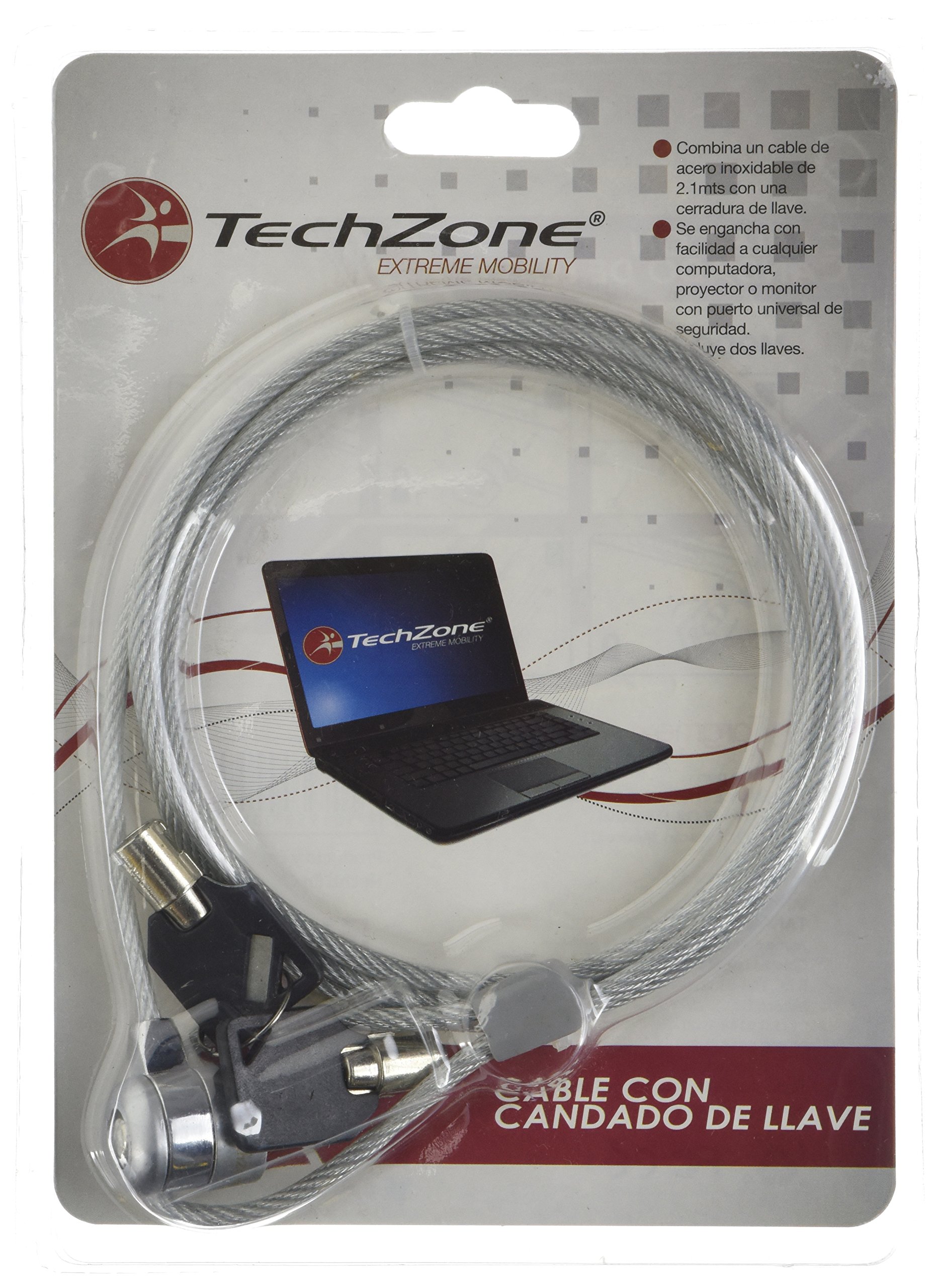 Candado Techzone para Laptop en Color Plata 3 Cabezales Intercambiables en 1 Candado (Tipo T  Tipo Wedge Lock/N17  Tipo Nano Lock ) Largo 1.8m