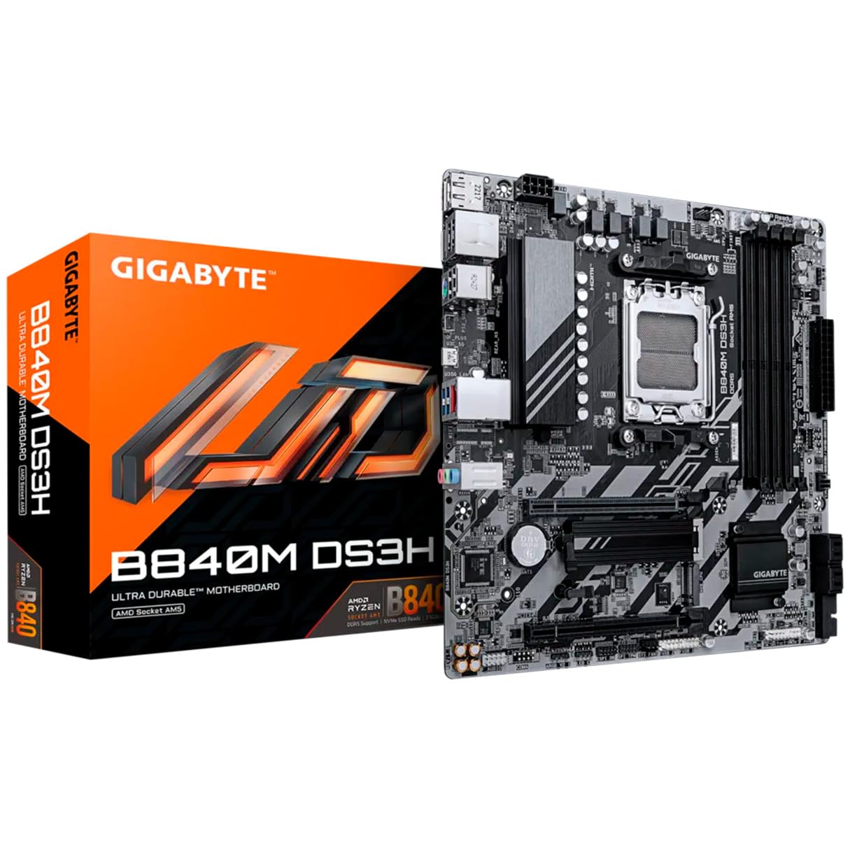 Tarjeta Madre Gigabyte B840M DS3H AMD Socket AM5 4xDDR5 DIMM 1xHDMI 2xDP 1xUSB C 1xRJ45 3xAudio Jacks